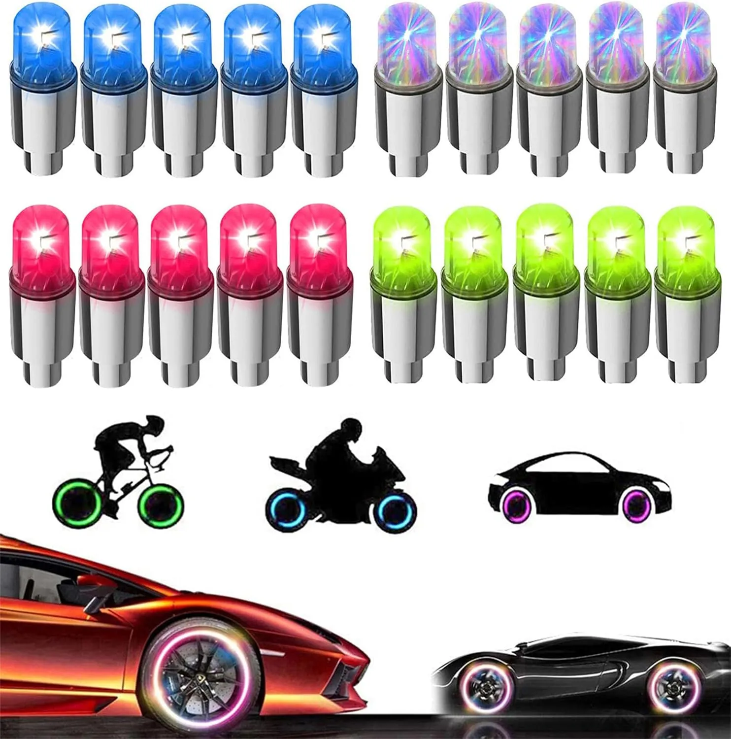 20 PCS Tire Valve Light LED Wheel Flash Light Tire Valve Cap Lamp for Car Truck Bike Motorcycle Golf Cart (Colorful Red Blue Green)