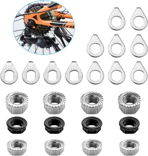 24PCS Bike Nuts and Safety Washers, M8 M9.5 M10 Bicycle Axle Nuts Kit, 3 Sizes Bike Wheel Nuts Washers Black Silver, Bike Hub Nuts for Front Rear Wheel of City Road Mountain Bike (Upgraded)