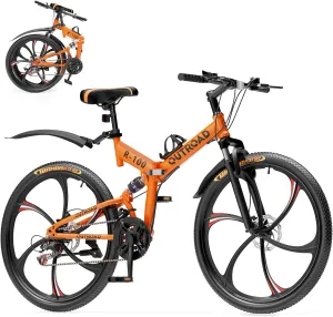 26 Inch Adult Folding Bikes/Mountain Bikes, 21 Speeds Mountain Bicycles with Full Suspension, Dual Disc Brake, High Carbon Steel Frame, Foldable Bike for Men/Women/Teen, Multiple Colors