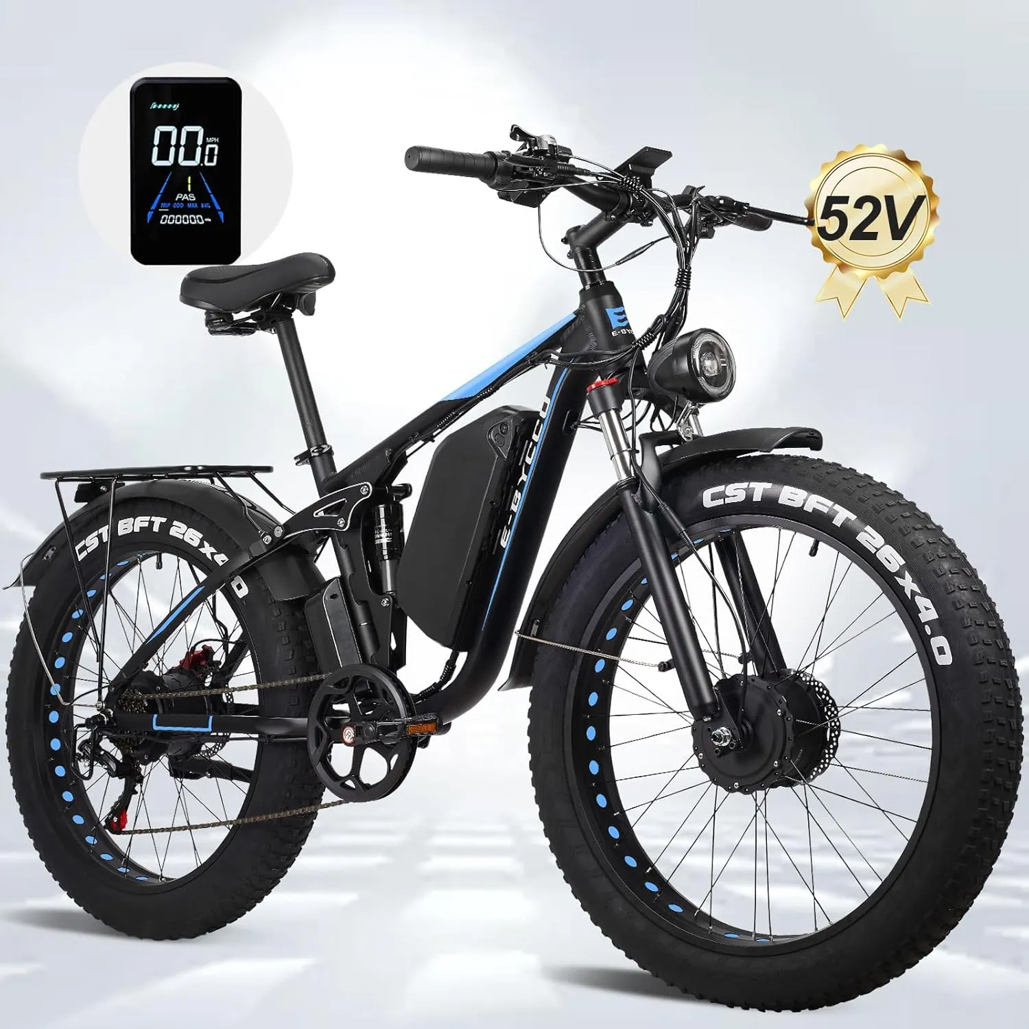 4000W Peak 5000W Dual Motor Electric Bike for Adults, 24/26 Inch, 52V 32AH, Up to 90Mile & 45MPH E-Bike Fat Tire Full Suspension Electric Bicycles, 7 Speed AWD Mountain Ebikes, Hydraulic Disc Brake