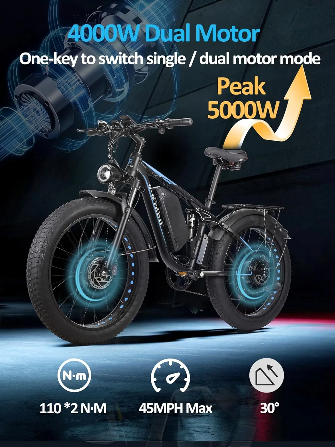 4000W Peak 5000W Dual Motor Electric Bike for Adults, 24/26 Inch, 52V 32AH, Up to 90Mile & 45MPH E-Bike Fat Tire Full Suspension Electric Bicycles, 7 Speed AWD Mountain Ebikes, Hydraulic Disc Brake
