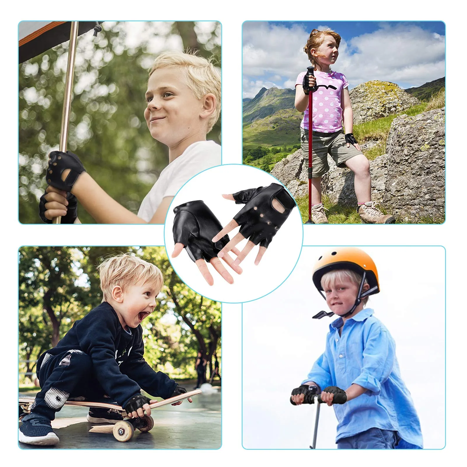 Accmor Kids PU Leather Fingerless Gloves, Kids Sports Gloves, Kids Cycling Gloves for 4-8 Years Old Kids, Boys, Girls Black