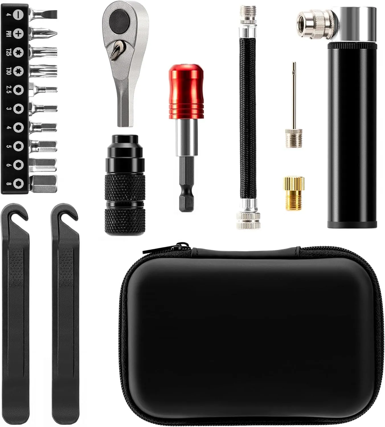 Bike Repair Tool Kit with Mini Pump & 10 Magnetic Bits - Alloy Multitool for Bicycle, MTB, Road Cycling - Portable Multifunction Tool Set Include Tire Inflator for Presta/Schrader Valves