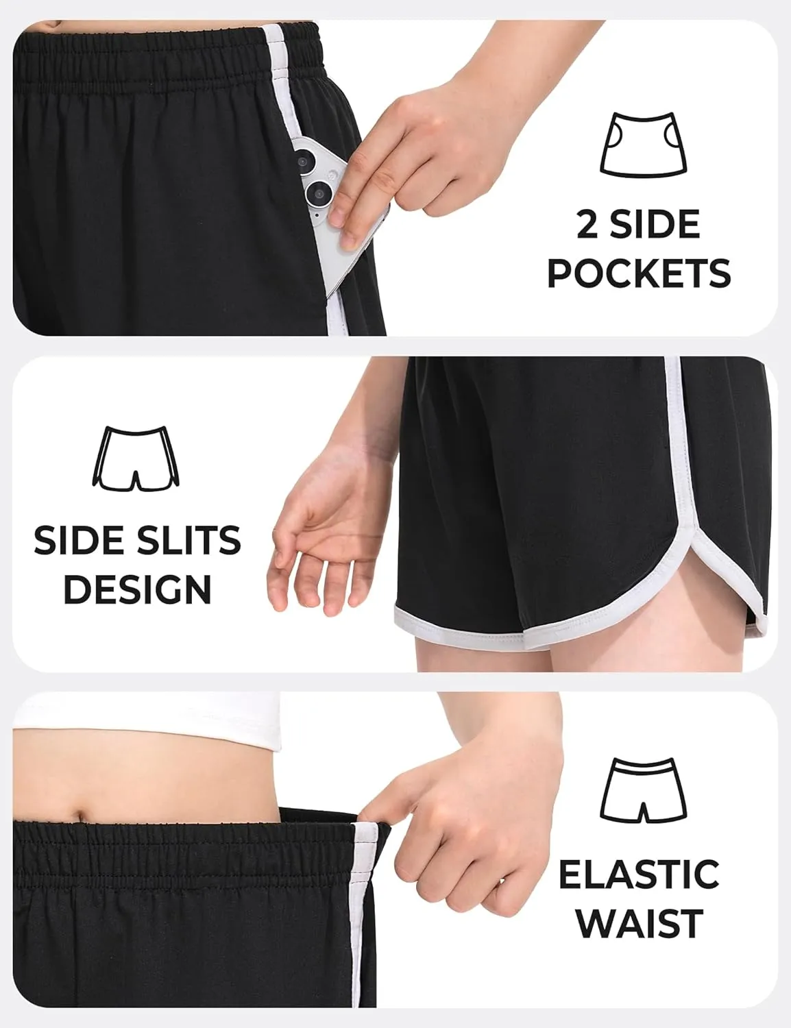 BOOPH 4 Packs Girls Shorts Quick Dry Kids Athletic Soccer Running Dolphin Shorts with Pockets