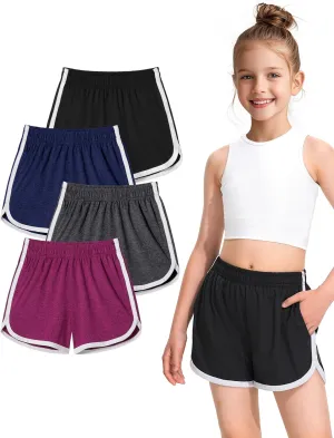 BOOPH 4 Packs Girls Shorts Quick Dry Kids Athletic Soccer Running Dolphin Shorts with Pockets BOOPH 4 Packs Girls Shorts Quick Dry Kids Athletic Soccer Running Dolphin Shorts with Pockets