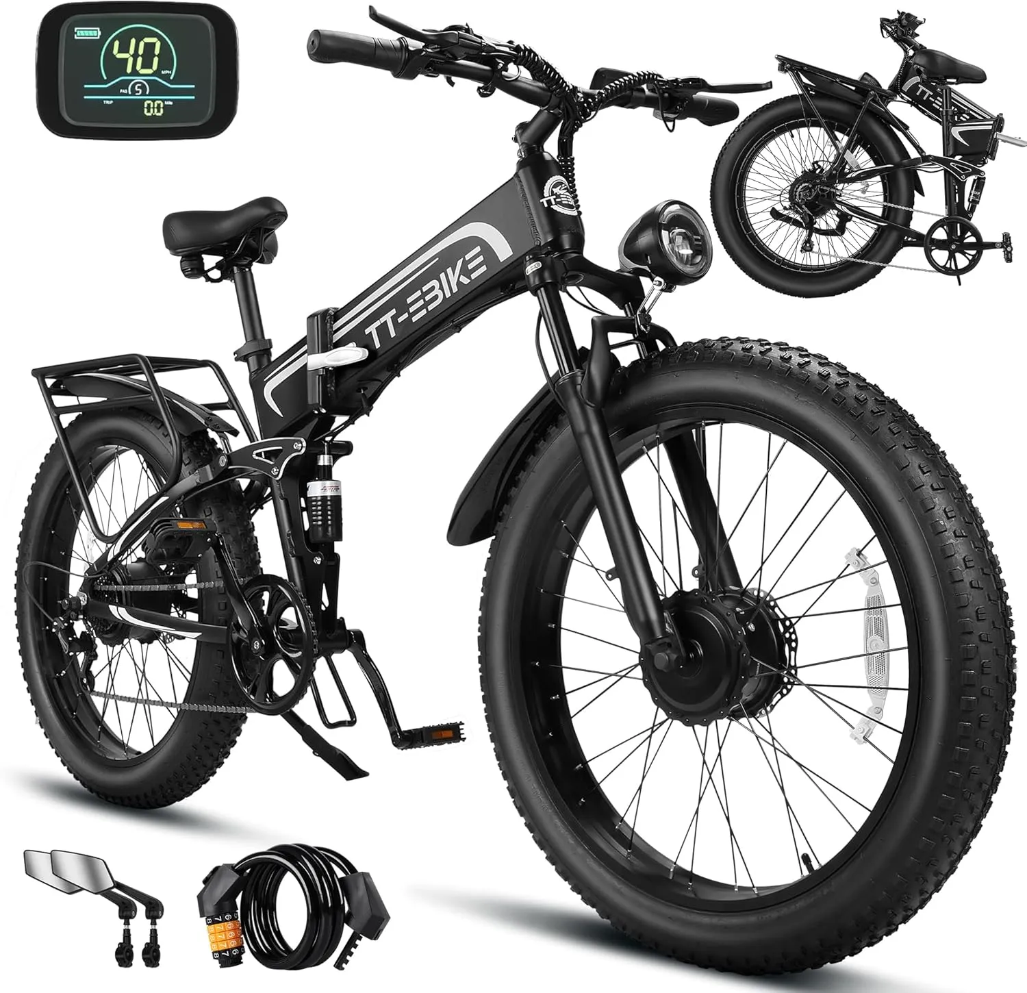 Dual:4350/3000/2350W, Electric Bike Adults 42/40/32 MPH with 52V 28/23AH Battery, 26 inch Fat Tire Mountain E Bike, Full Suspension Folding Ebike, Shim 7-Speed Gear