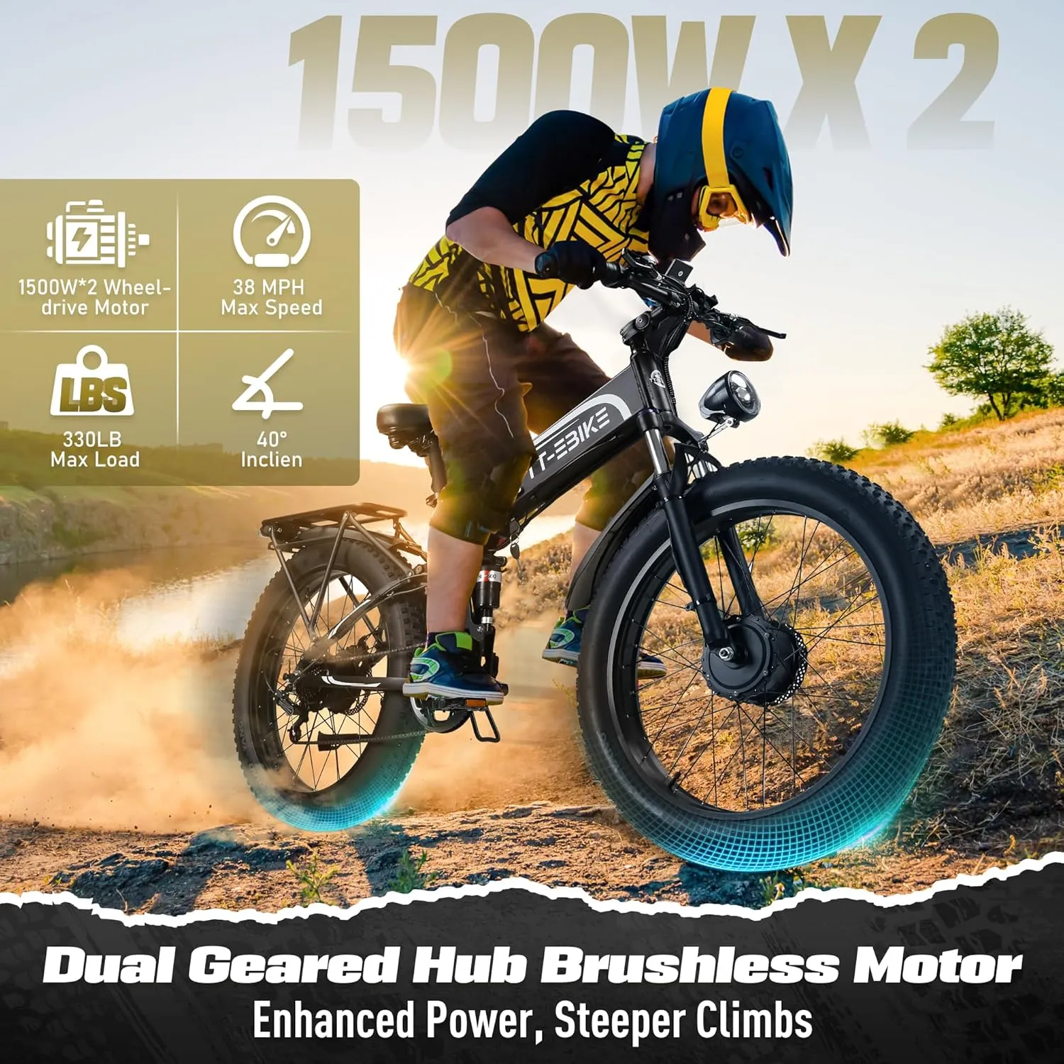Dual:4350/3000/2350W, Electric Bike Adults 42/40/32 MPH with 52V 28/23AH Battery, 26 inch Fat Tire Mountain E Bike, Full Suspension Folding Ebike, Shim 7-Speed Gear
