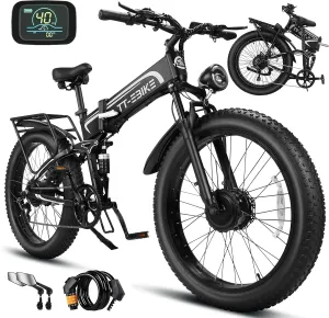 Dual:4350/3000/2350W, Electric Bike Adults 42/40/32 MPH with 52V 28/23AH Battery, 26 inch Fat Tire Mountain E Bike, Full Suspension Folding Ebike, Shim 7-Speed Gear