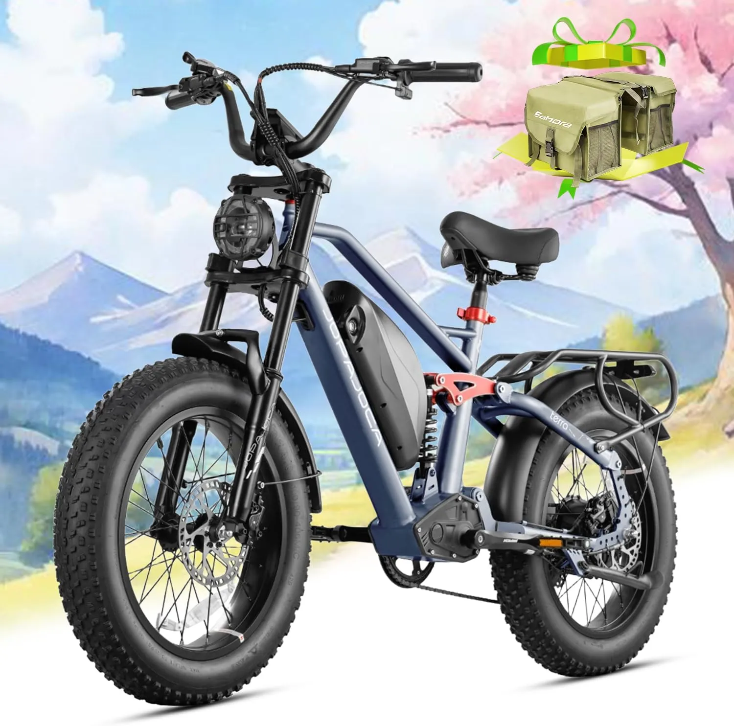 eAhora Terra II Electric Bike - 3000W Peak Dual Motor 33MPH 20Ah Ebike for Adults, 80Miles Long Range 20" Fat Tire Electric Mountain Bike Full Suspension Electric Bicycle with LCD Display