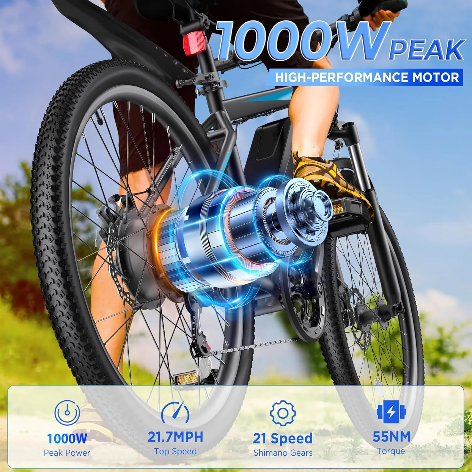 Electric Bike for Adults, 26'' 1000W Peak Ebike, Up to 50 Miles 21.7MPH Electric Mountain Bike with 48V 374.4WH Removable Battery, Adjustable Stem, Fenders, Lockable Suspension Fork, 21-Speed