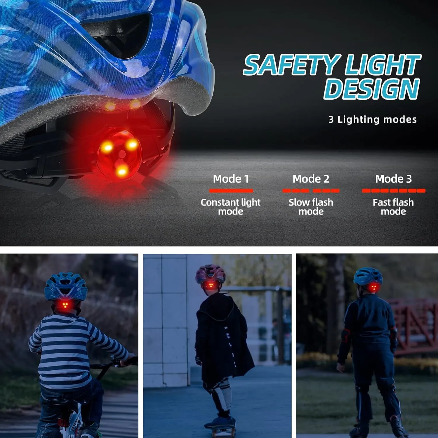 Exclusky Kids Bike Helmet with LED Light  Adjustable Multi-Sport Youth Helmet for Boys & Girls, Ages 5-12, Fits 50-57cm, Cycling Safety Gear