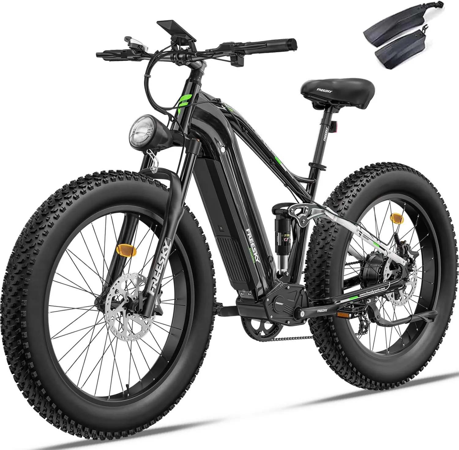 FREESKY 48V 23Ah 1500W Electric Bike, 35MPH Full Suspension Mountain E-bike, 26" Fat Tires Off-Road All-Terrain E Bicycle for Adults, 45-90 Miles Range, with Smart Keys, 7-Speed, Hydraulic Disc Brakes