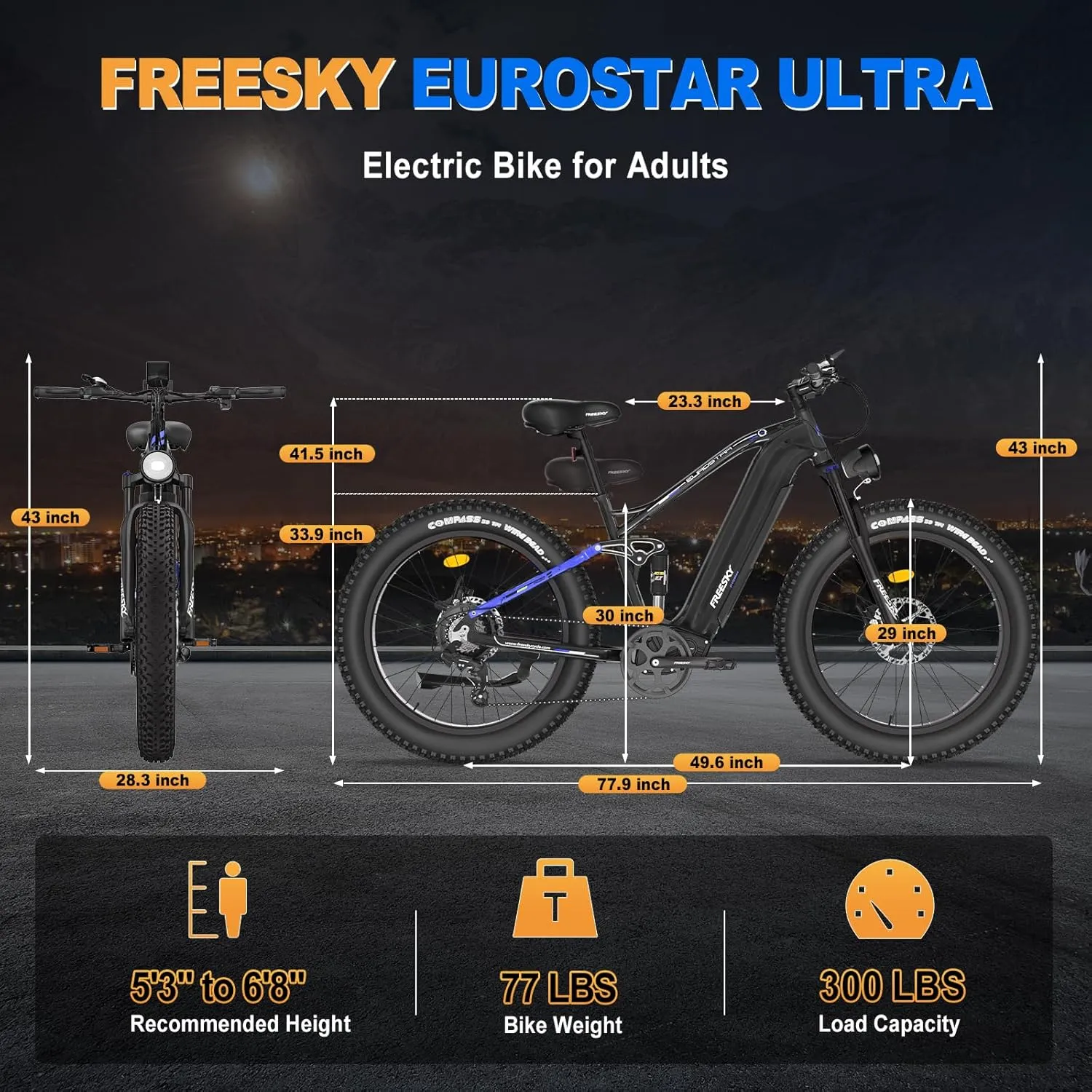 FREESKY 48V 23Ah 1500W Electric Bike, 35MPH Full Suspension Mountain E-bike, 26" Fat Tires Off-Road All-Terrain E Bicycle for Adults, 45-90 Miles Range, with Smart Keys, 7-Speed, Hydraulic Disc Brakes