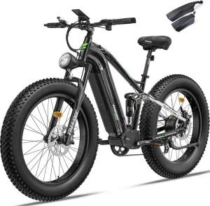 FREESKY 48V 23Ah 1500W Electric Bike, 35MPH Full Suspension Mountain E-bike, 26" Fat Tires Off-Road All-Terrain E Bicycle for Adults, 45-90 Miles Range, with Smart Keys, 7-Speed, Hydraulic Disc Brakes