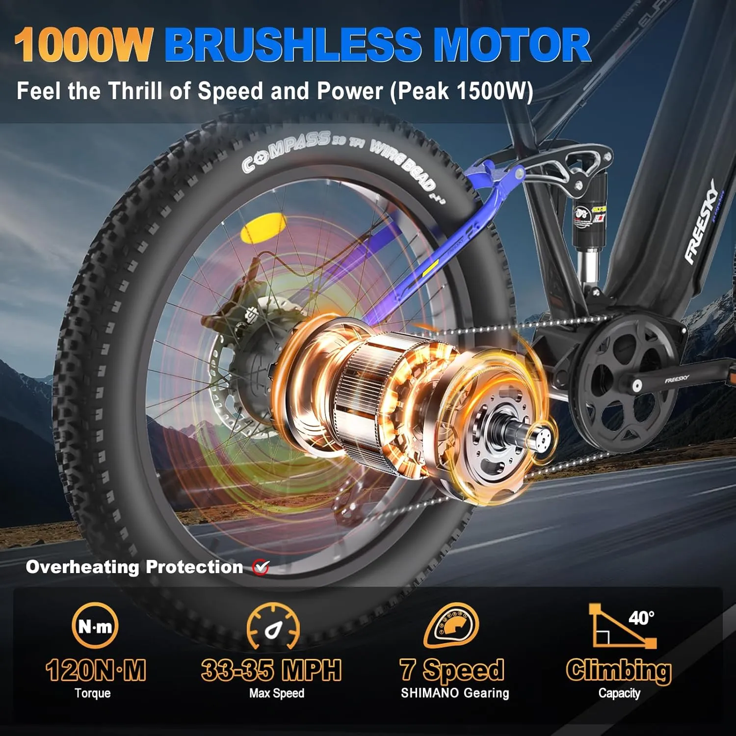 FREESKY 48V 23Ah 1500W Electric Bike, 35MPH Full Suspension Mountain E-bike, 26" Fat Tires Off-Road All-Terrain E Bicycle for Adults, 45-90 Miles Range, with Smart Keys, 7-Speed, Hydraulic Disc Brakes