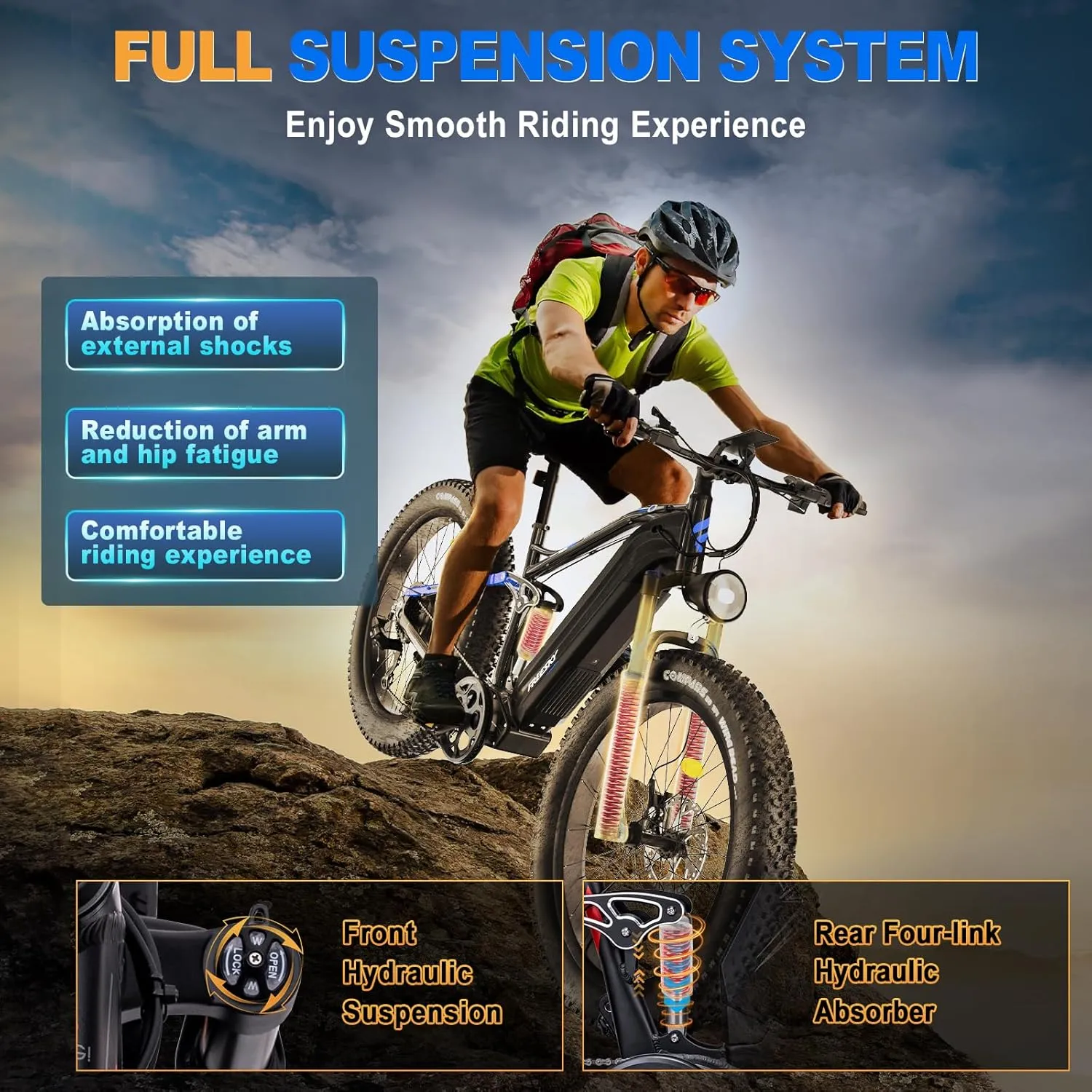 FREESKY 48V 23Ah 1500W Electric Bike, 35MPH Full Suspension Mountain E-bike, 26" Fat Tires Off-Road All-Terrain E Bicycle for Adults, 45-90 Miles Range, with Smart Keys, 7-Speed, Hydraulic Disc Brakes