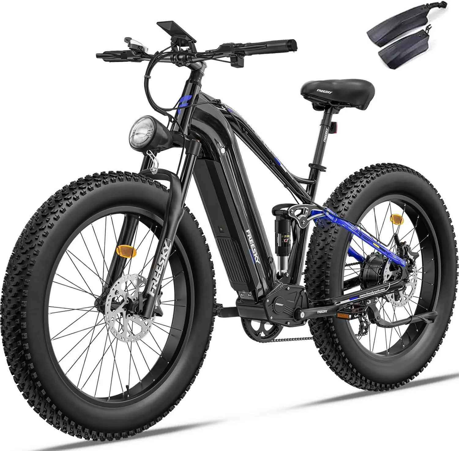 FREESKY 48V 23Ah 1500W Electric Bike, 35MPH Full Suspension Mountain E-bike, 26" Fat Tires Off-Road All-Terrain E Bicycle for Adults, 45-90 Miles Range, with Smart Keys, 7-Speed, Hydraulic Disc Brakes