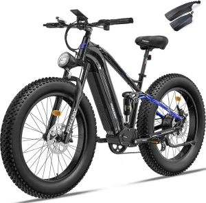 FREESKY 48V 23Ah 1500W Electric Bike, 35MPH Full Suspension Mountain E-bike, 26" Fat Tires Off-Road All-Terrain E Bicycle for Adults, 45-90 Miles Range, with Smart Keys, 7-Speed, Hydraulic Disc Brakes