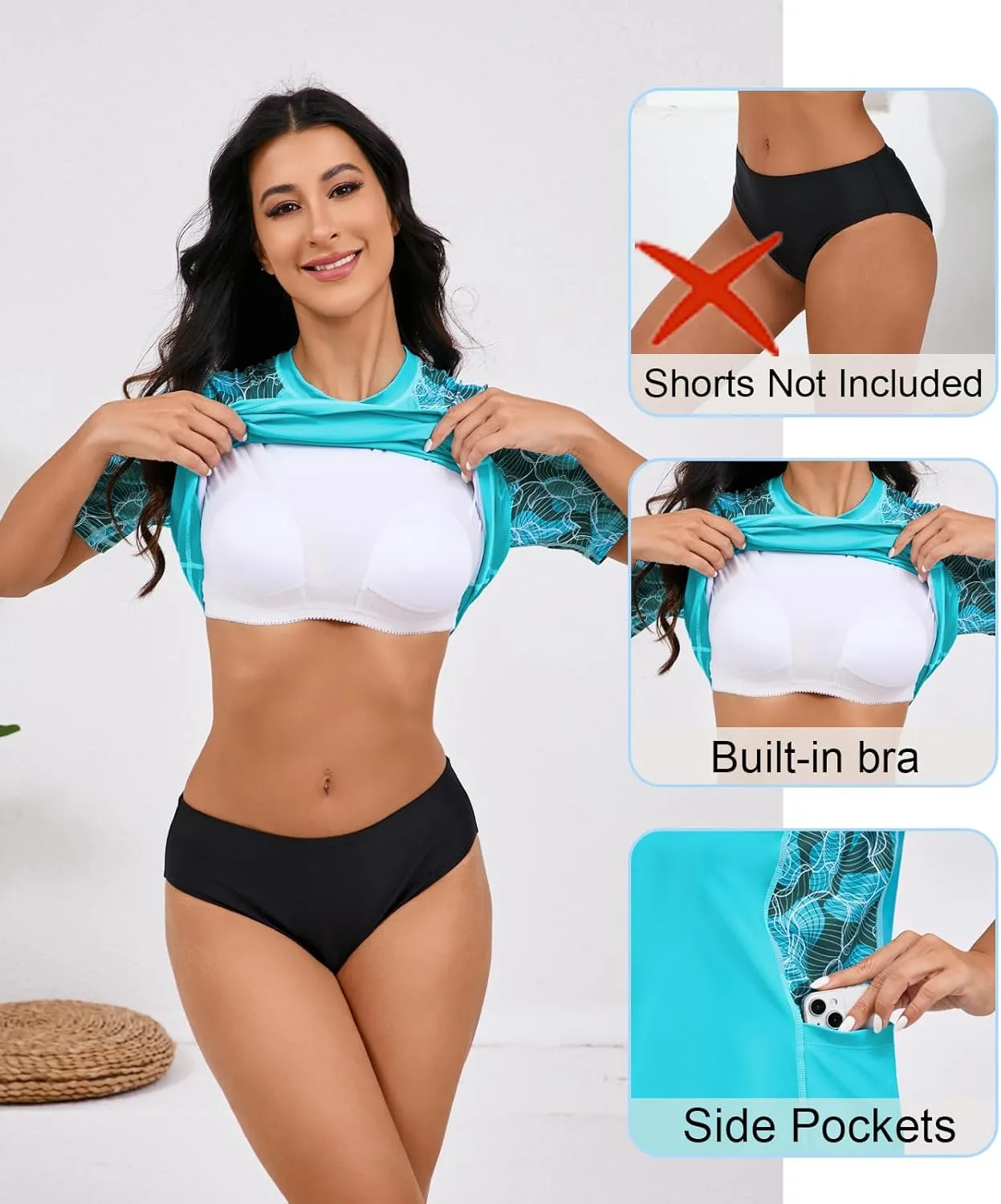 Halcurt Women's Short Sleeve Rash Guard Top with Built in Bra Side Pockets Swim Shirts UPF50  Swimsuit