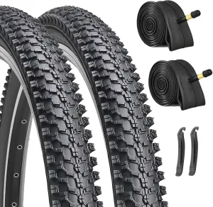Hycline 2-Pack Mountain Bike Tires Set: 20/24/26/27.5-inch Folding Replacement Puncture-Resistant Bicycle Tires and Pair 20/24/26/27.5-inch Inner Tubes with Tire Levers for MTB Off-Road Bike