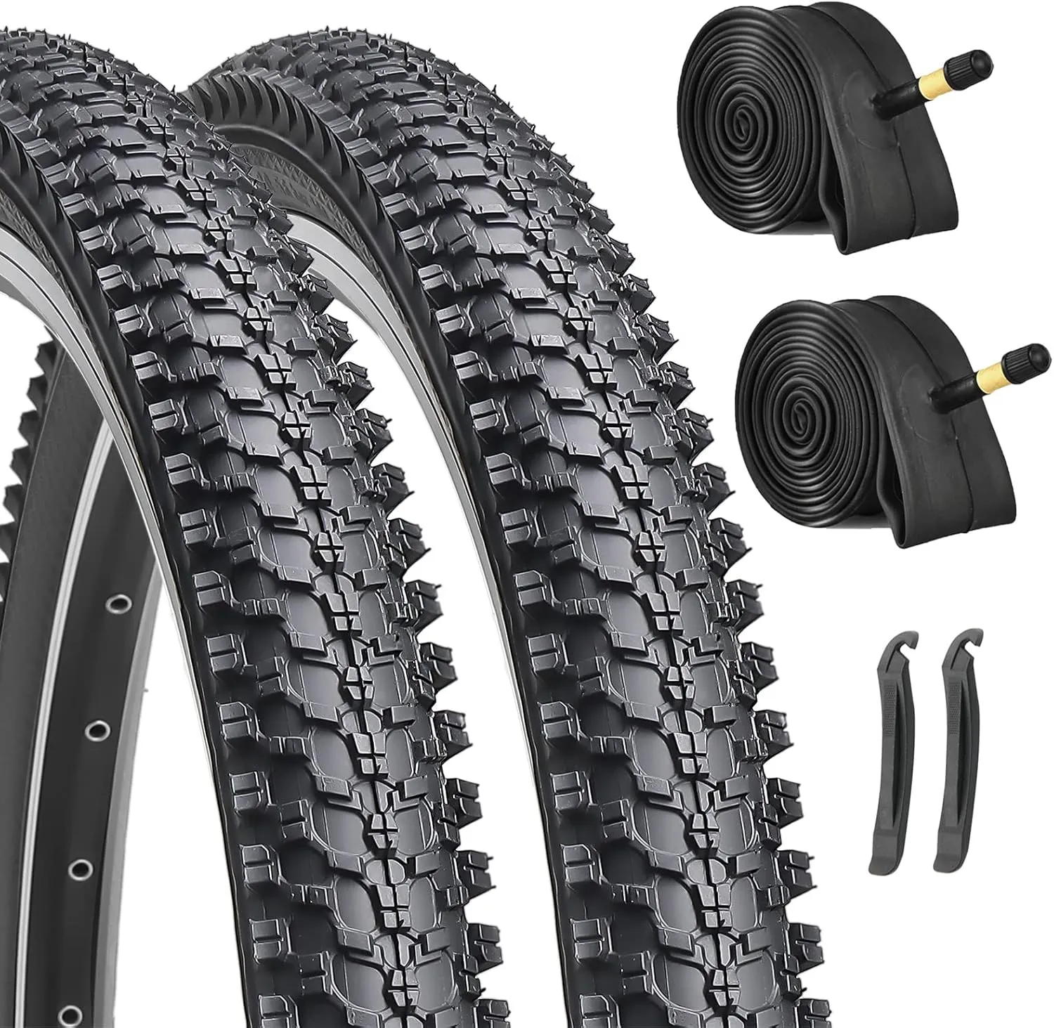 Hycline 2-Pack Mountain Bike Tires Set: 20/24/26/27.5-inch Folding Replacement Puncture-Resistant Bicycle Tires and Pair 20/24/26/27.5-inch Inner Tubes with Tire Levers for MTB Off-Road Bike