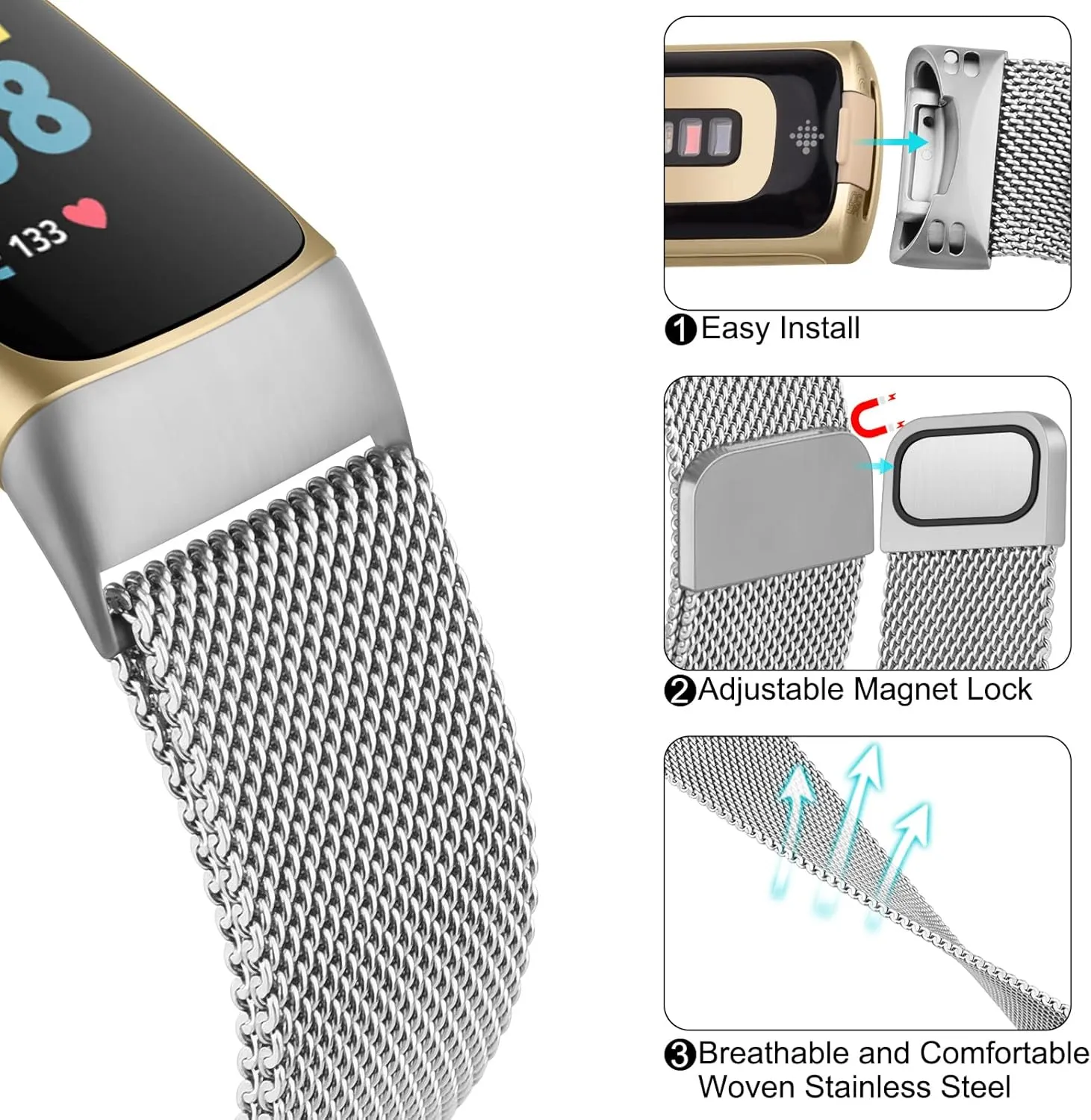 Meliya for Fitbit Charge 6 Bands Women Men, Stainless Steel Metal Mesh Loop Adjustable Magnetic Wristband Replacement Straps Compatible with Fitbit Charge 6 Fitness Tracker