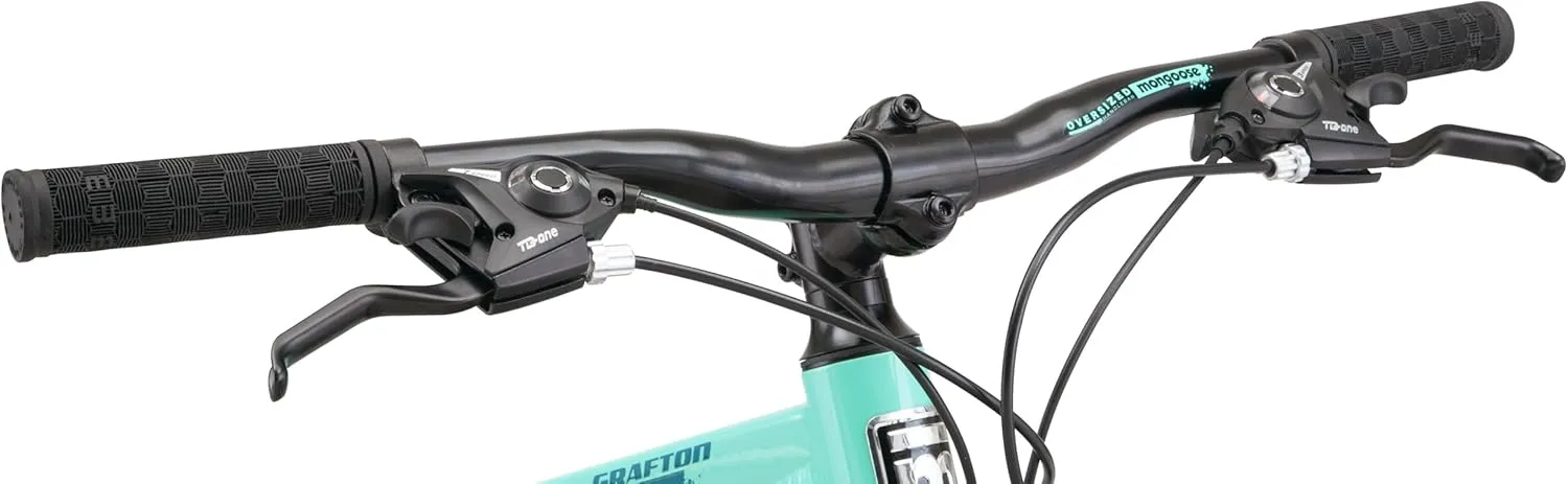 Mongoose Grafton Mountain Bike for Adult and Youth Men and Women, 24/26 / 27.5-Inch Wheel Options, 21-Speed Trigger Shifter, Aluminum Frame, Front Suspension, Mechanical Disc Brakes