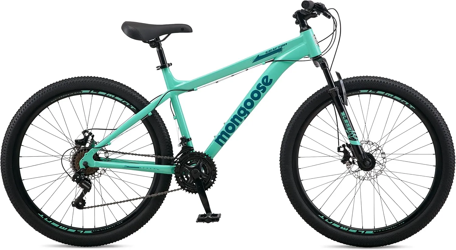 Mongoose Grafton Mountain Bike for Adult and Youth Men and Women, 24/26 / 27.5-Inch Wheel Options, 21-Speed Trigger Shifter, Aluminum Frame, Front Suspension, Mechanical Disc Brakes