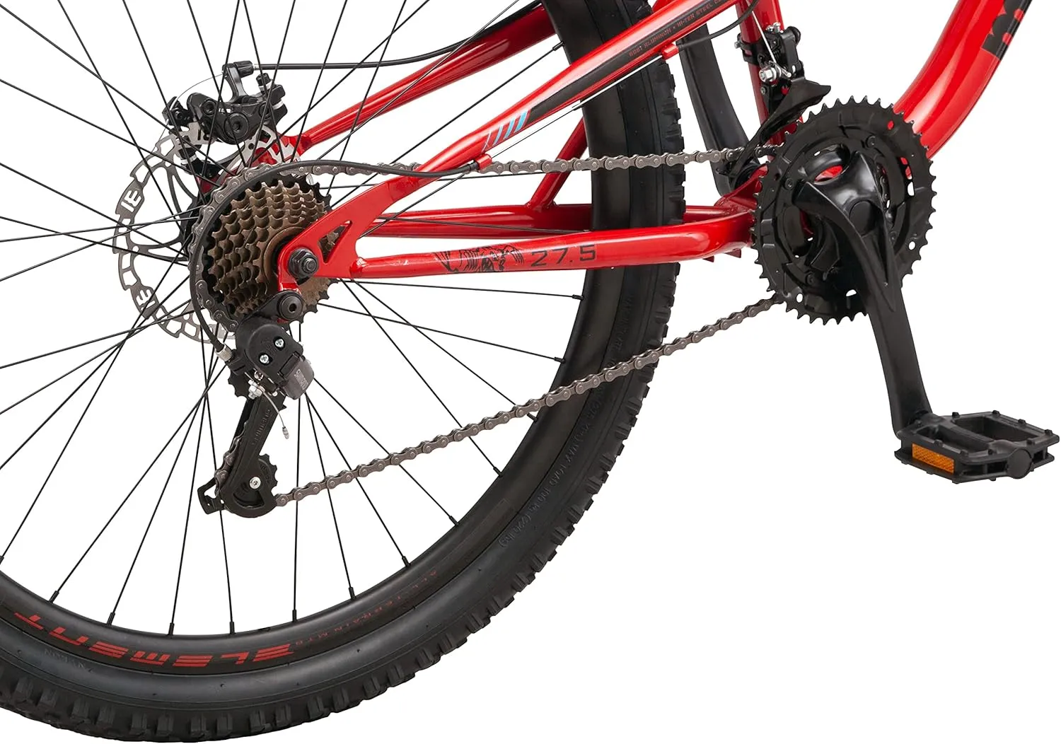 Mongoose Status Mens and Womens Mountain Bike, 27.5-Inch Wheels, 21 Speed Trigger Shifters, Aluminum Frame, Dual Suspension, Front and Rear Disc Brakes, Red