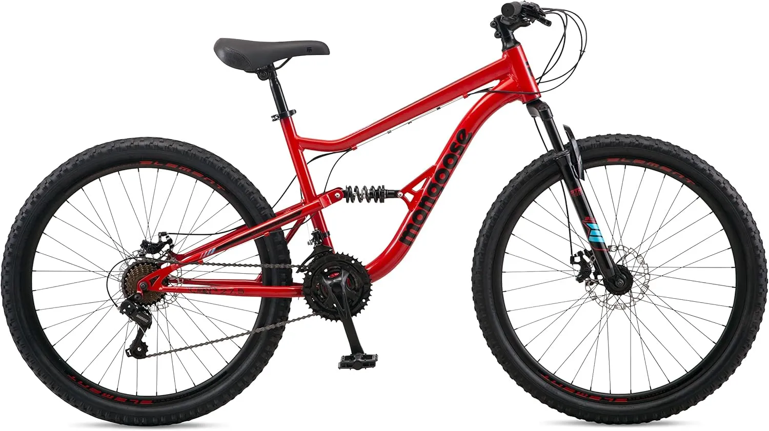 Mongoose Status Mens and Womens Mountain Bike, 27.5-Inch Wheels, 21 Speed Trigger Shifters, Aluminum Frame, Dual Suspension, Front and Rear Disc Brakes, Red
