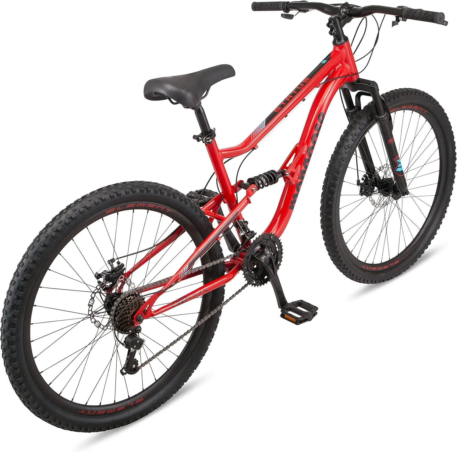 Mongoose Status Mens and Womens Mountain Bike, 27.5-Inch Wheels, 21 Speed Trigger Shifters, Aluminum Frame, Dual Suspension, Front and Rear Disc Brakes, Red