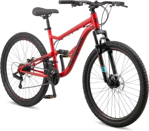 Mongoose Status Mens and Womens Mountain Bike, 27.5-Inch Wheels, 21 Speed Trigger Shifters, Aluminum Frame, Dual Suspension, Front and Rear Disc Brakes, Red