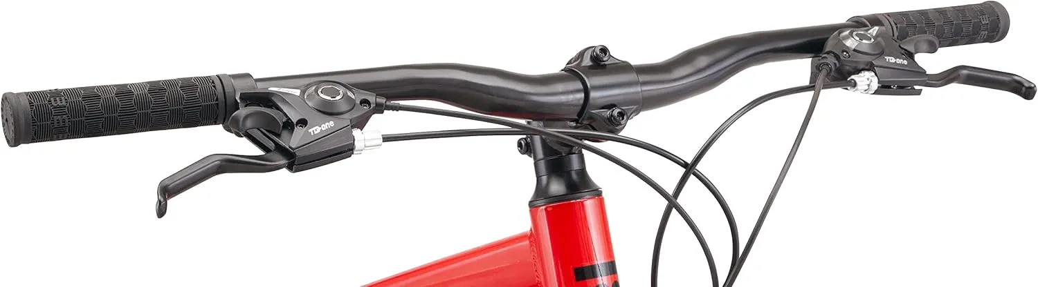 Mongoose Status Mens and Womens Mountain Bike, 27.5-Inch Wheels, 21 Speed Trigger Shifters, Aluminum Frame, Dual Suspension, Front and Rear Disc Brakes, Red