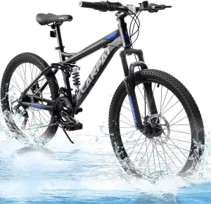 Mountain Bike 24 26 27.5 Inch Dual/Front Suspension Mens Womens Mountain Bike, 21 Speeds Dual Disc Brake, Carbon Steel Mountain Bike, Trail Beach Snow Commuter City Bikes, Birthday Gift Choice