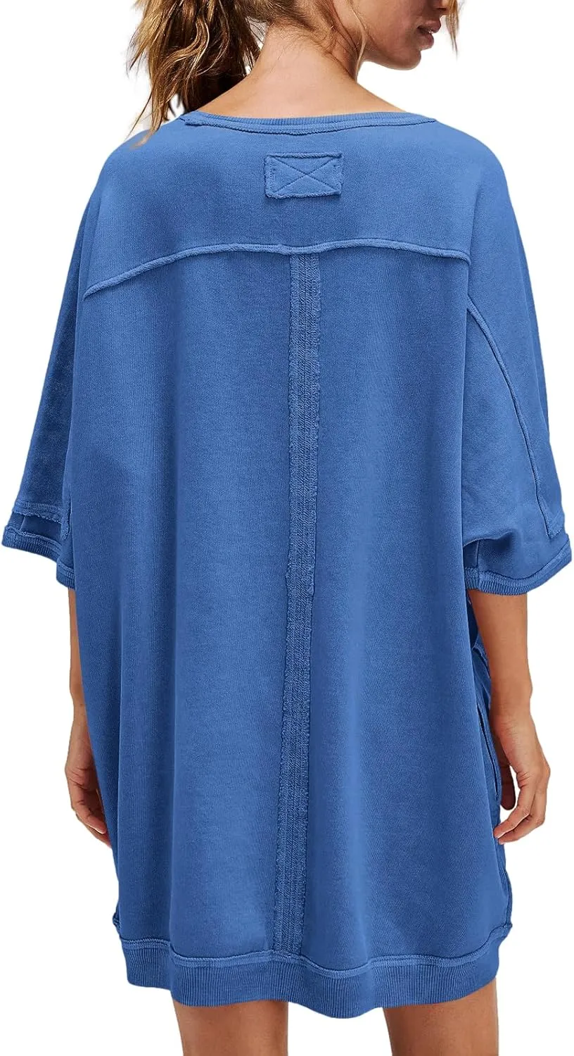 Nirovien Women's Oversized Sweatshirt Dress 3/4 Sleeve Crewneck Tunic Sweatshirts Casual Long Pullover with Pockets