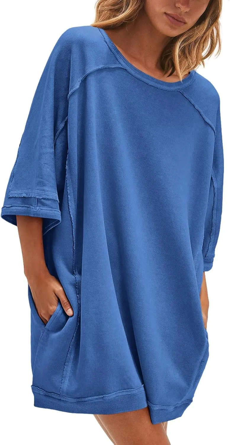Nirovien Women's Oversized Sweatshirt Dress 3/4 Sleeve Crewneck Tunic Sweatshirts Casual Long Pullover with Pockets