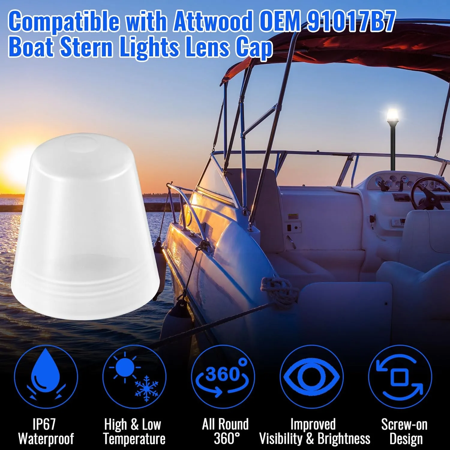 Saillong Replacement Boat Stern Light Cover Lens Cap Compatible with Attwood Boat Anchor 91017B7 Frosted Globe Screw On All Round Navigation Light Accessory