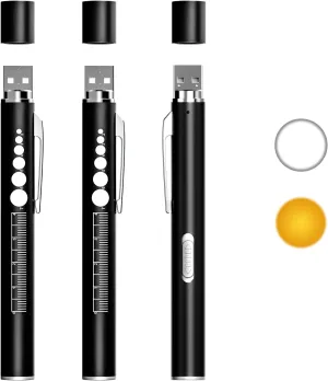SEVENKA 3 Rechargeable Penlights with Pupil Gauge & Ruler, LED Pen Lights for Nurses Doctors, Warm/White Light, Pocket Clip, USB Rechargeable Penlight Flashlight Gifts for Nursing Student