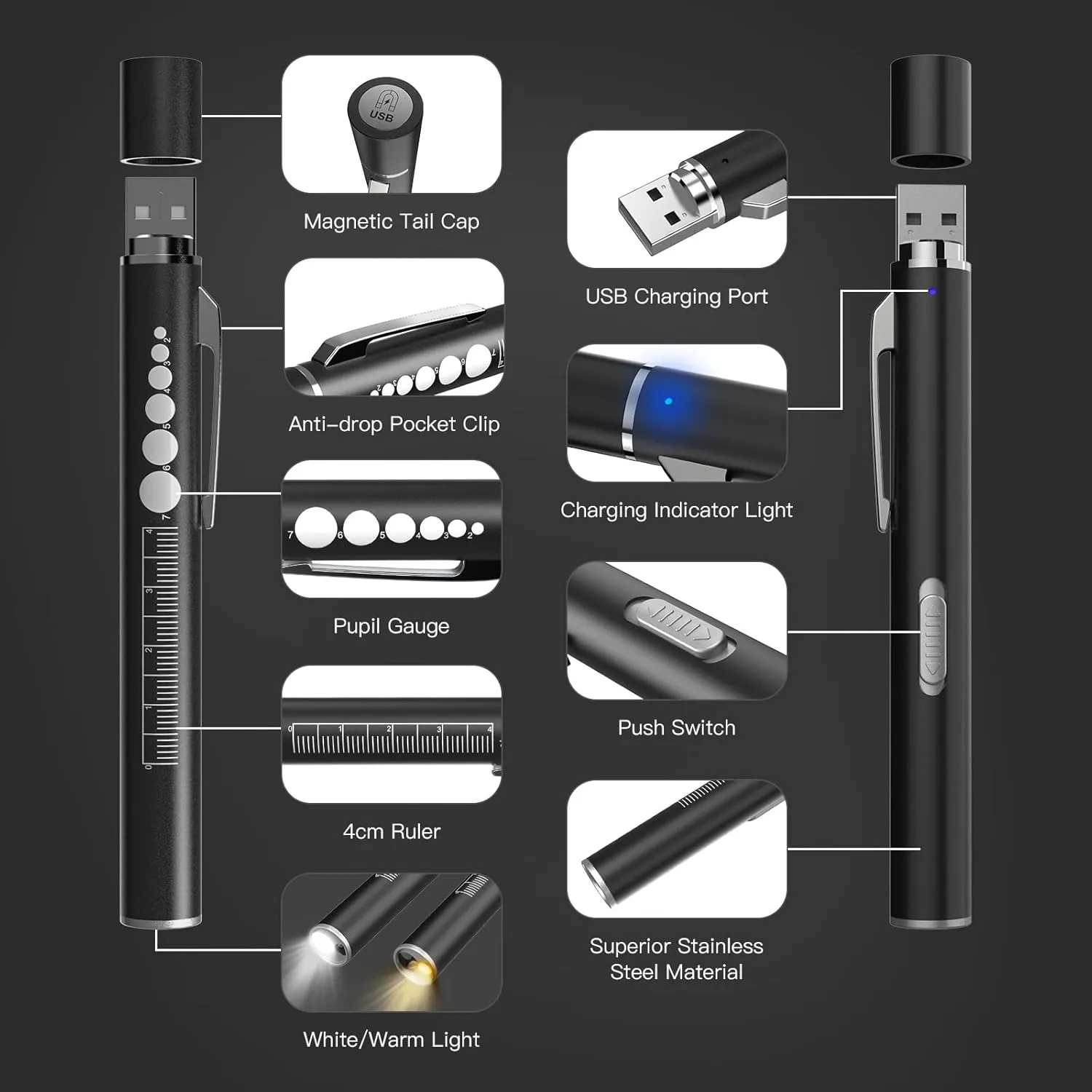 SEVENKA 3 Rechargeable Penlights with Pupil Gauge & Ruler, LED Pen Lights for Nurses Doctors, Warm/White Light, Pocket Clip, USB Rechargeable Penlight Flashlight Gifts for Nursing Student