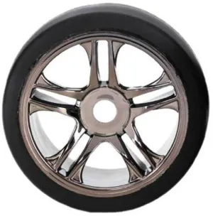 Traxxas 6477 Tires & wheels assembled glued (split-spoke black chrome wheels slick tires (S1 compound) foam inserts) (rear) (2)
