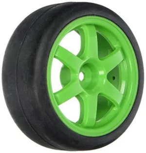 Traxxas 7375A Tires and wheels assembled glued (Volk Racing TE37 green wheels 1.9 Gymkha slick tires) (2) -Discontinued