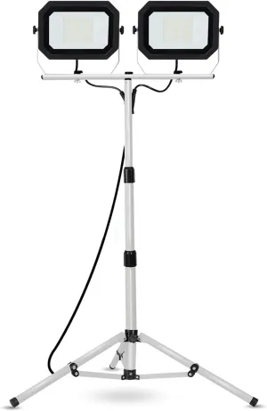UFOND 20000 Lumen Work Lights with Stand, 200W Dual Head LED Work Light, Waterproof Lamp with Individual Switch, Adjustable Metal Telescoping Tripod 10Ft Power Cord