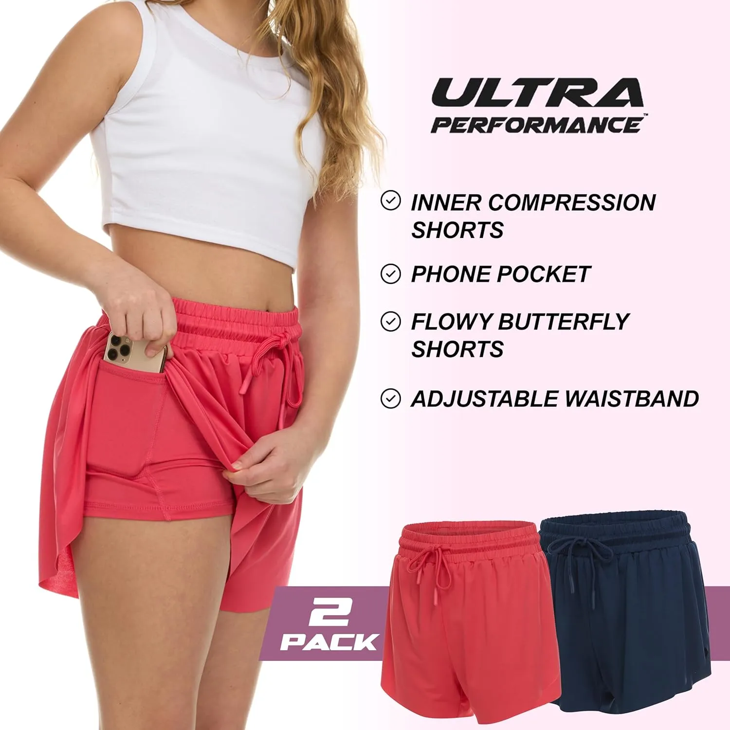 Ultra Performance Girl's Butterfly Short's 2 Pack Girls Athletic Short Basketball Soccer Flowy Active Shorts for Girls