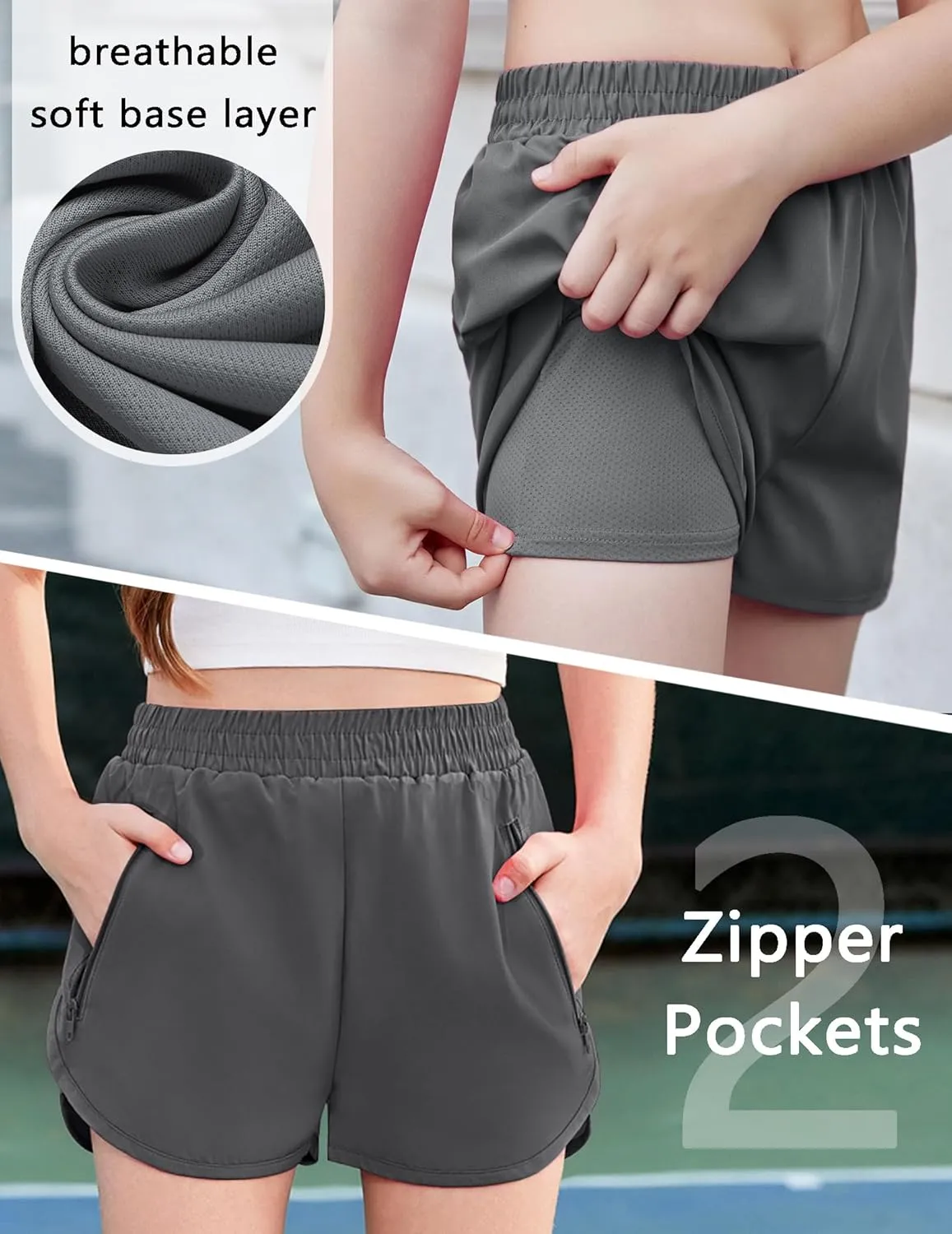 Zaclotre Girls Athletic Shorts with Zipper Pockets 2 in 1 Kid Workout Running Volleyball Soccer Shorts with Liner